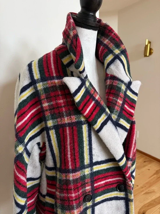 Desigual Red, Cream & Navy Plaid Double-Breasted Pea Coat - Picture 11 of 12